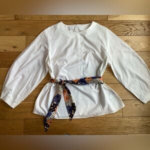 Escada White 100% cotton Blouse with silk Orange Floral Tie